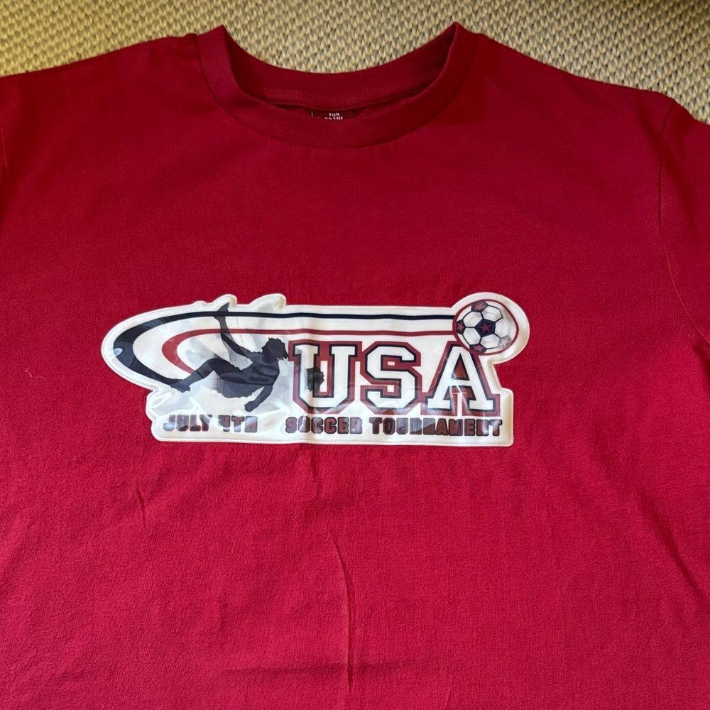 Shirt USA July 4th Soccer Tournament boys size L 10/12 Fun to the 4th